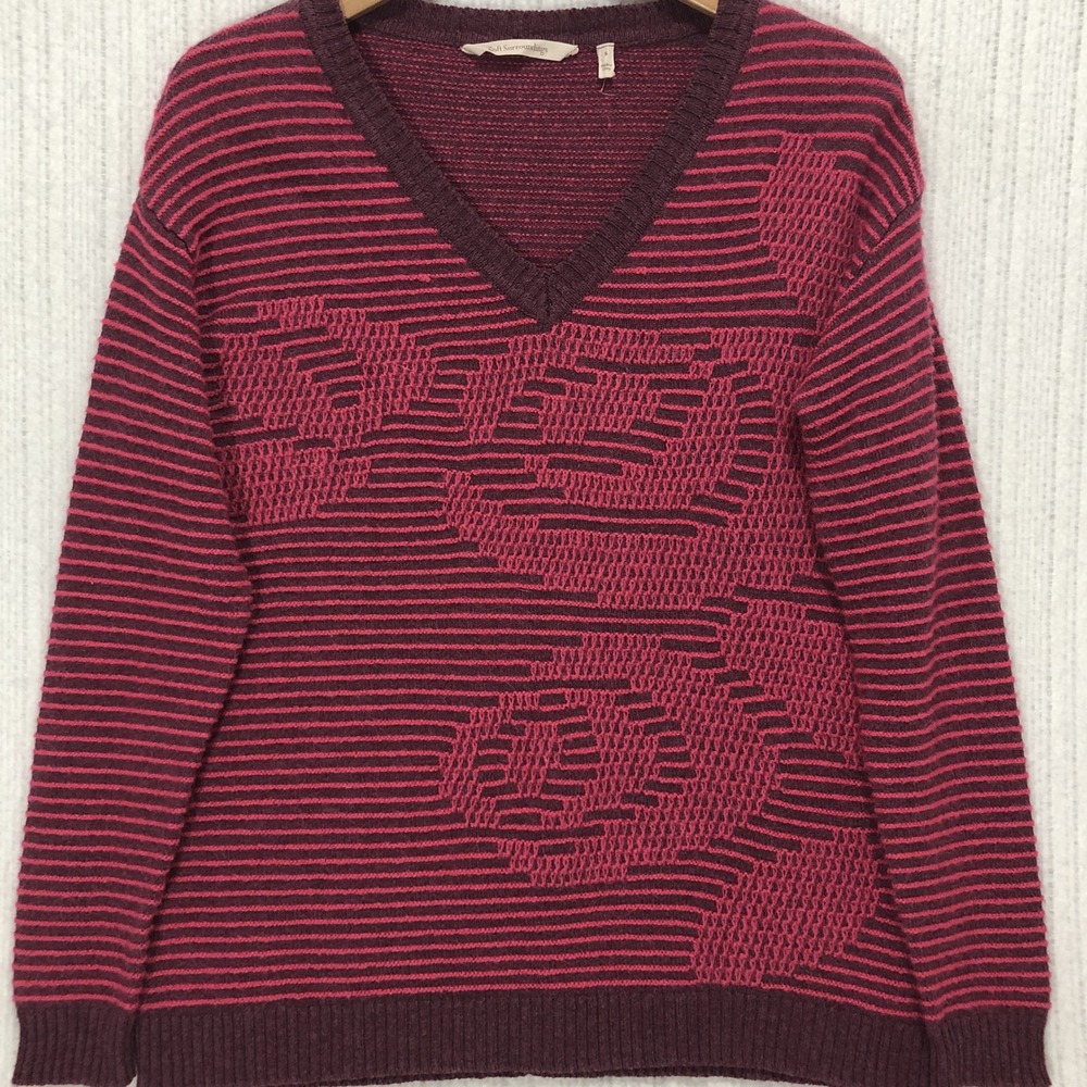 Soft Surroundings Rose Floral Striped V-Neck Sweater Burgundy Pink Small 2ED66
